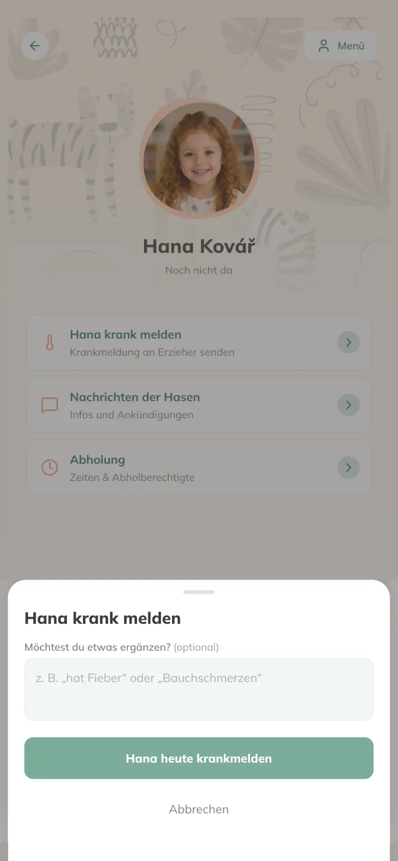 Krankmeldung in der Kitaloop-App: Kind krank melden mit Zeitraum-Auswahl