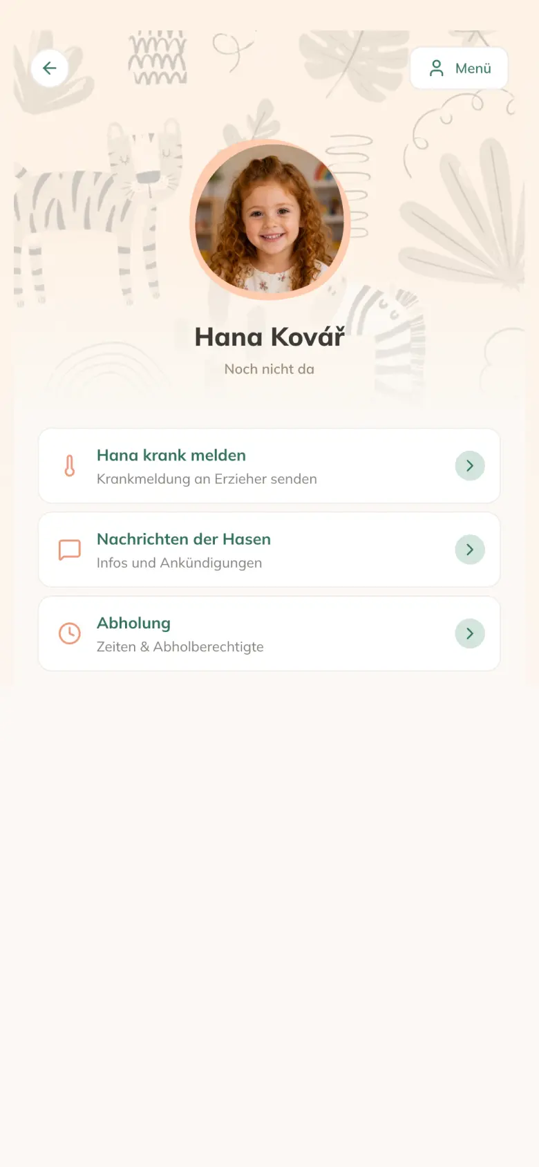 Die Eltern-Ansicht der Kitaloop-App: Startbildschirm mit Krankmeldung, Nachrichten der Gruppe und Abholung